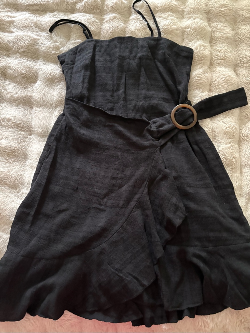 American Eagle Outfitters Black Ruffle Wrap Midi Dress with Belt